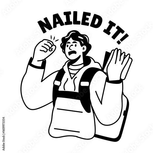 Glyph sticker of happy character with nailed it typography 