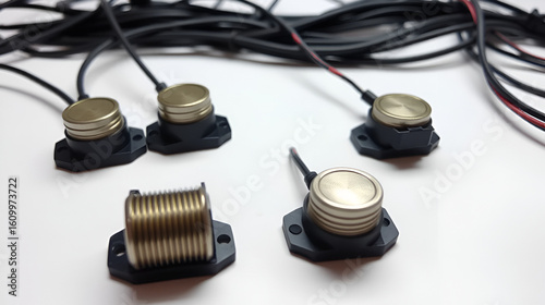 Many Inductive proximity sensor or proximity switch on a white background.
