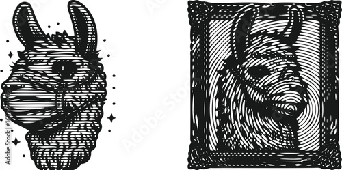  Monochrome Llama Head with Surgical Mask Photocopy Engraving Style Vector Bundle Illustration