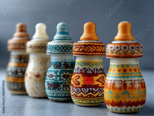 Colorful Decorative Bottles with Intricate Patterns on Gray Surface