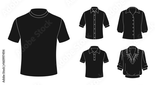 Different styles of dark shirts. A visual representation of various shirt designs and silhouettes, showcasing the diversity in apparel fashion