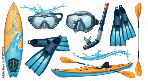 Collection of watersport equipment, showing a surfboard, goggles, fins, snorkel and kayak. Water splash and water accessories. Perfect for a summer vibe!