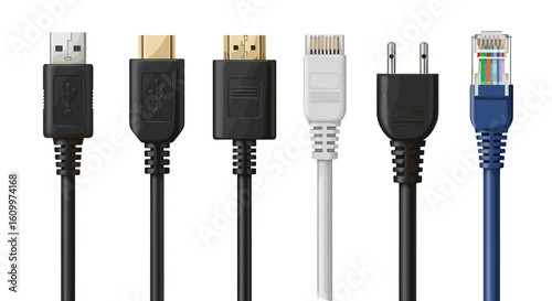 A diverse array of connection cables lined up in a row, each designed for a specific function