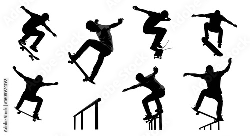Dynamic skateboard silhouettes performing tricks against a clean backdrop, showcasing the art of movement and skill