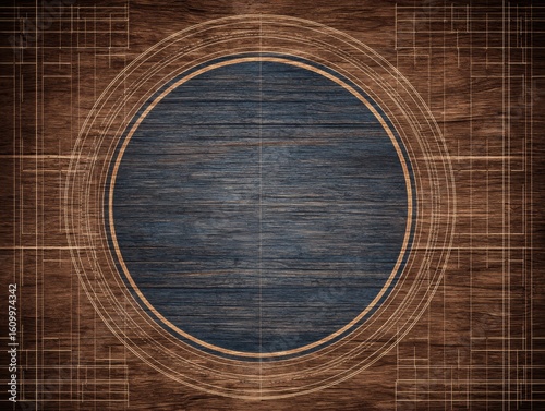 Elegant Wooden Background with Circular Design and Blueprint Lines