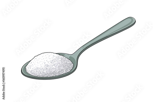 A gleaming metal spoon holds a generous mound of sparkling white sugar crystals, ready for culinary creation or sweetening life's moments with pure, refined sweetness.