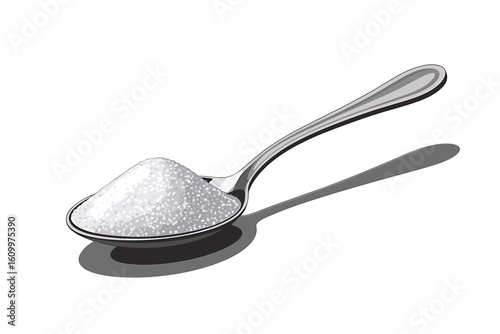 Sparkling granulated sugar artfully piled on a polished silver spoon, ready for culinary creation, baking, or sweetening drinks, evoking taste and recipe inspiration.