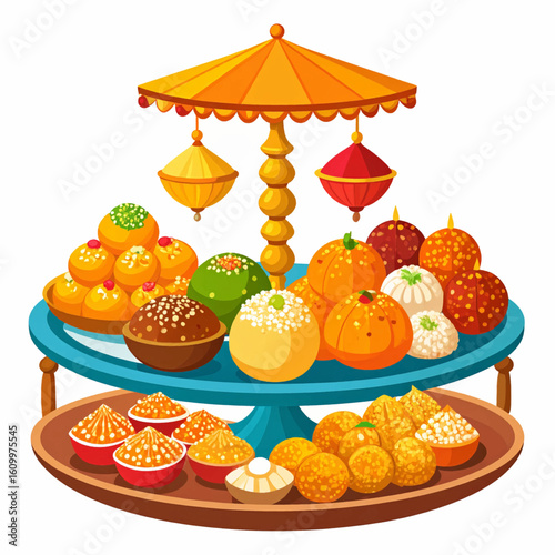 Colorful assortment of Indian sweets arranged on tiered serving platters, decorated with hanging lanterns.