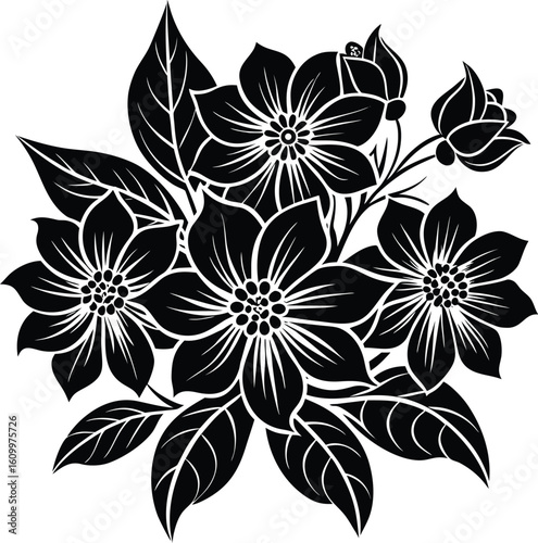 Black and white seamless floral pattern with vintage flower and leaf elements for elegant nature-inspired design and decoration