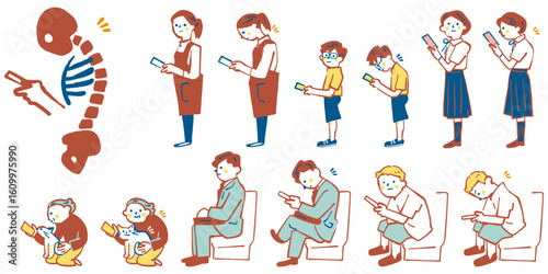 スマートフォン依存によるスマホ首・ストレートネックによる悪姿勢のイメージ　セットのストックイラスト素材
