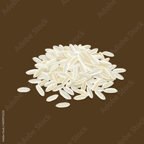 A pile of uncooked white rice grains, displayed against a brown background.