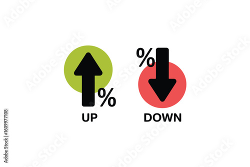 Dynamic financial indicators showcase upward growth and downward trends with bold percentage symbols and directional arrows, perfect for illustrating market fluctuations and economic analysis.