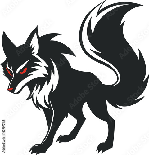 Fierce black fox with red eyes and bushy tail cross fox aggressive