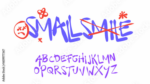 Small smile chaotic hand-drawn doodle font with twisted emotions. perfect for streetwear, zines, noise band posters, and ironic branding