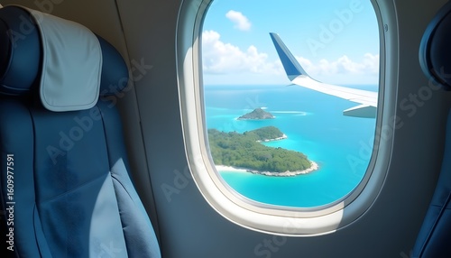 commercial airplane window seat with a clear view outside showing the ocean and tropical islands below