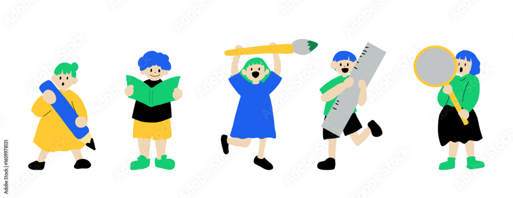 Fototapeta premium Happy Creative Kids Holding Art Tools Vector Illustration set
