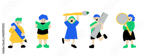 Happy Creative Kids Holding Art Tools Vector Illustration　 set