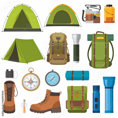 Camping equipment icons, various camping gear, isolated on white background.
