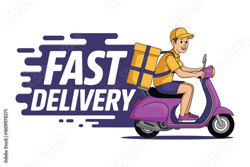 Dynamic delivery rider zooms on scooter with prominent "FAST DELIVERY" text, showcasing efficient logistics and rapid service for modern commerce and urban mobility solutions.