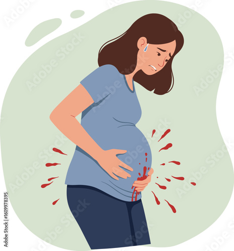A pregnant woman experiencing bleeding, holding her abdomen, showing distress, and concern.