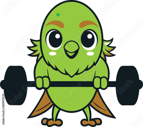 A green budgie lifting a tiny barbell with both wings bird