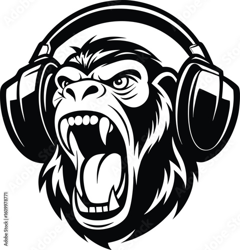 Fierce monkey head with headphones roaring with open mouth primate animal