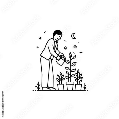 A man in a suit watering potted plants under a crescent moon with bubbles and plus signs around him tonight