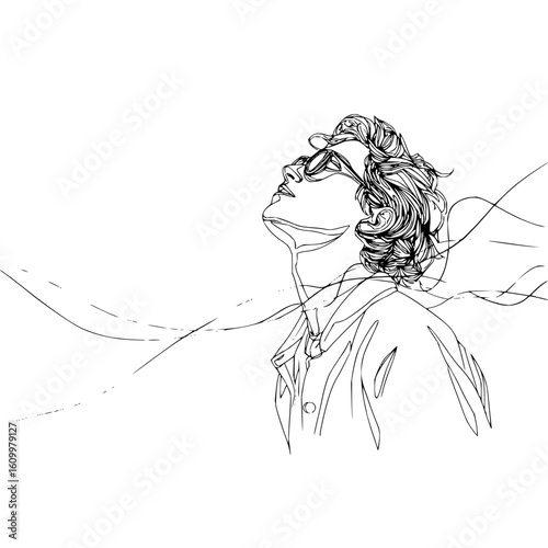 Line art drawing of a man with glasses looking up and wearing a shirt with flowing lines around him