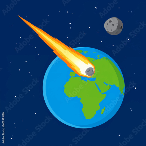 A fiery meteor hurtles towards Earth, threatening imminent impact near Europe, with a smaller moon visible in the background.