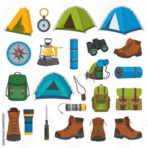Essential gear for a camping and hiking adventure, including tents, backpacks, boots, and navigation tools.