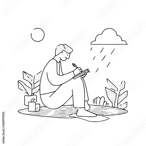 Tech writer working on tablet with pen in nature under rain cloud digital content creation concept