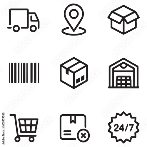 This vector image showcases a collection of ecommerce and delivery icons, including a delivery truck, location pin, cardboard box, barcode, shopping cart, and 247 service symbol