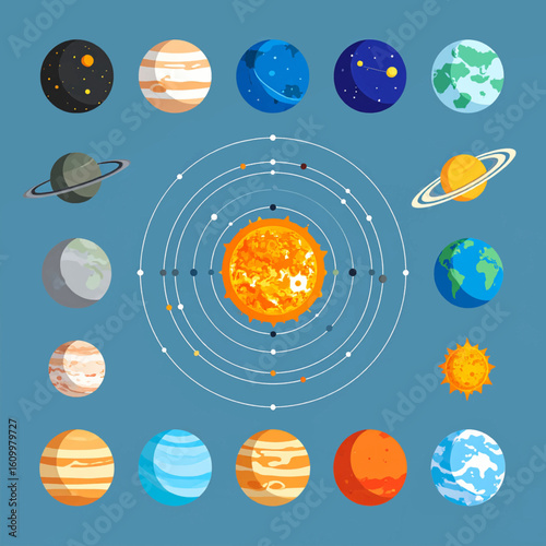 Simplified solar system illustration showing planets orbiting the sun, including Earth, Jupiter, and Saturn.