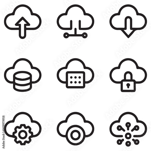 This image showcases a variety of cloud computing icons, representing data storage, networking, security, and various cloudrelated technologies