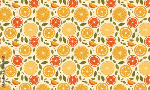 A fresh and vibrant seamless pattern filled with a variety of juicy citrus fruits