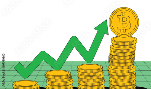 Witness soaring cryptocurrency success with this dynamic Bitcoin growth chart and stacked gold coins symbolizing financial prosperity and investment gains in a modern digital economy.