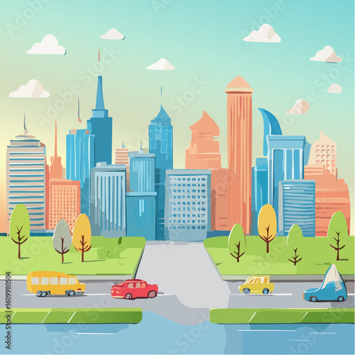 Vector Image :  A City Skyline with High Rise Buildings and Roads with Vehicles and Landscaping 17