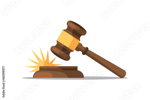 Gavel striking sound block symbolizing justice, legal decision, auction, or authoritative judgment with a bright, dynamic burst of energy signifying impact and resolution.