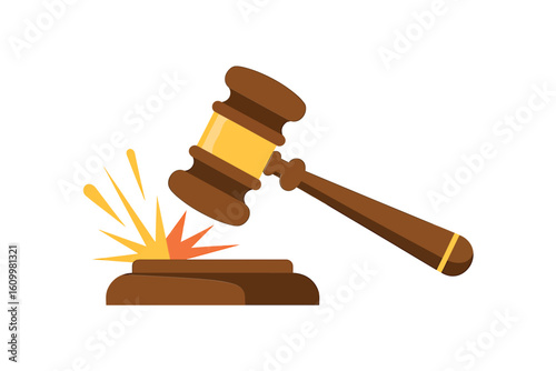 Dynamic gavel striking sound block signifying judgment, justice, auction, legal decision, or business resolution with impactful visual emphasis, perfect for legal and financial themes