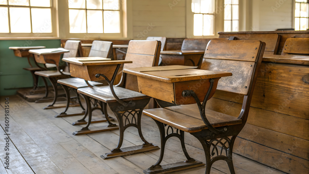 Obraz premium A row of classic vintage school desks and chairs arranged in an old-fashioned classroom, evoking the charm and discipline of a bygone educational era