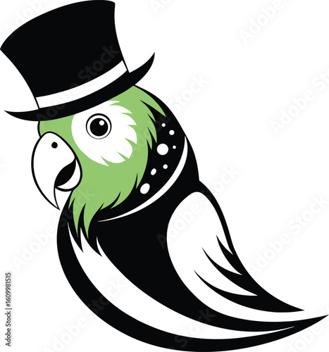 Green parrot wearing a black magician top hat and tuxedo budgie bird