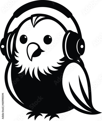 Cute budgerigar wearing headphones listening to music bird
