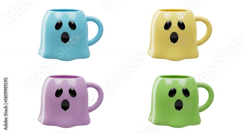 Four pastel colored ghost shaped mugs