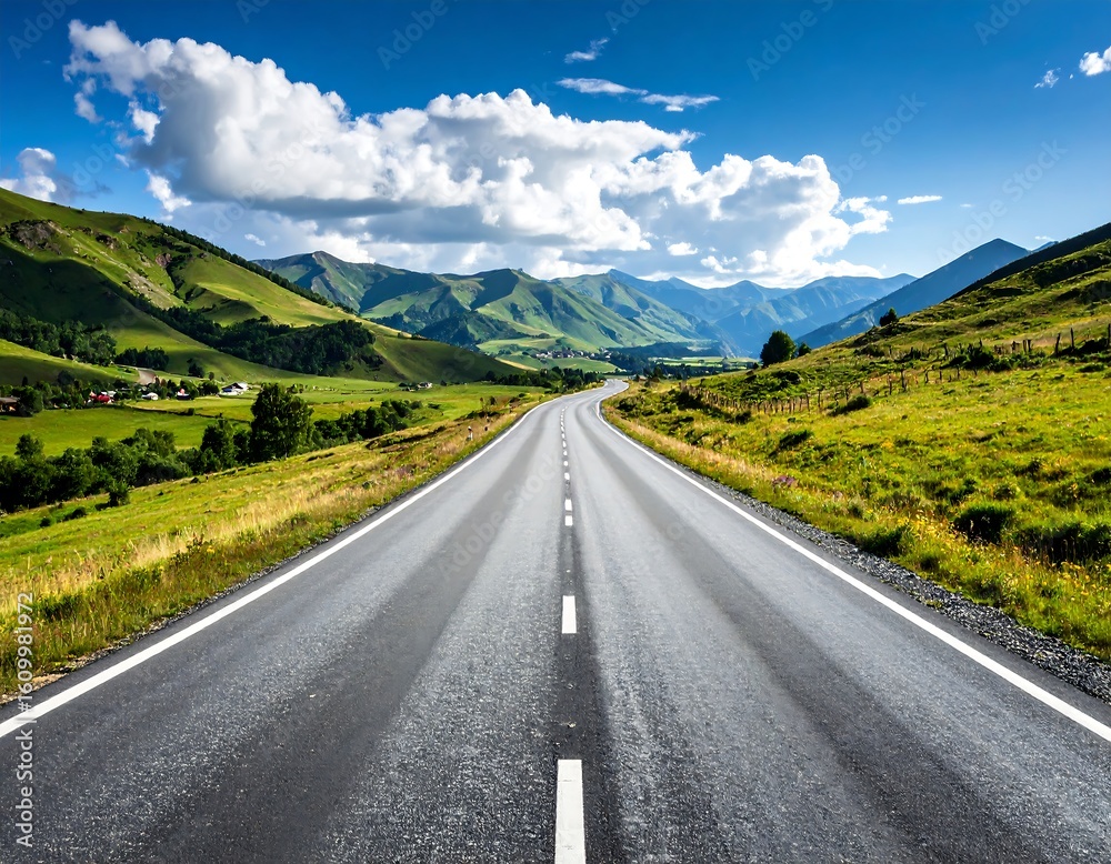 Naklejka premium Asphalt road winds through lush valley, towards a backdrop of towering mountains under a vibrant blue sky