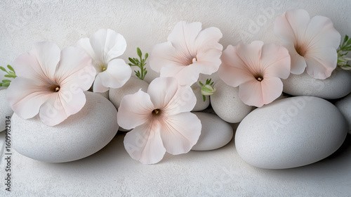Spa concept with pink flower and zen stones