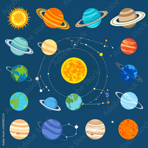 Colorful illustration showing various planets, the sun, and celestial bodies.