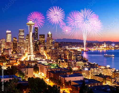 Seattle skyline at twilight, illuminated city, fireworks burst