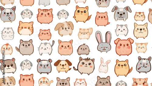 Cute cartoon animals, cats, dogs, rabbits, and birds, in a repeating pattern on a white background.
