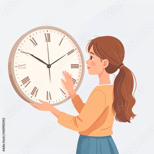 A woman with brown hair holds a large clock with Roman numerals in a light, airy setting.