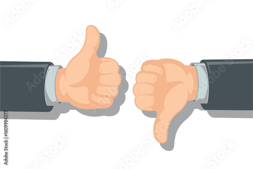 Confident business hands giving clear thumbs up and thumbs down gestures signaling approval and disapproval for important decisions and feedback